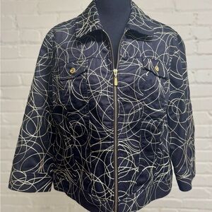 Peter Nygard Black Bomber Jacket w/ Squiggly Gold Embroidered Pattern